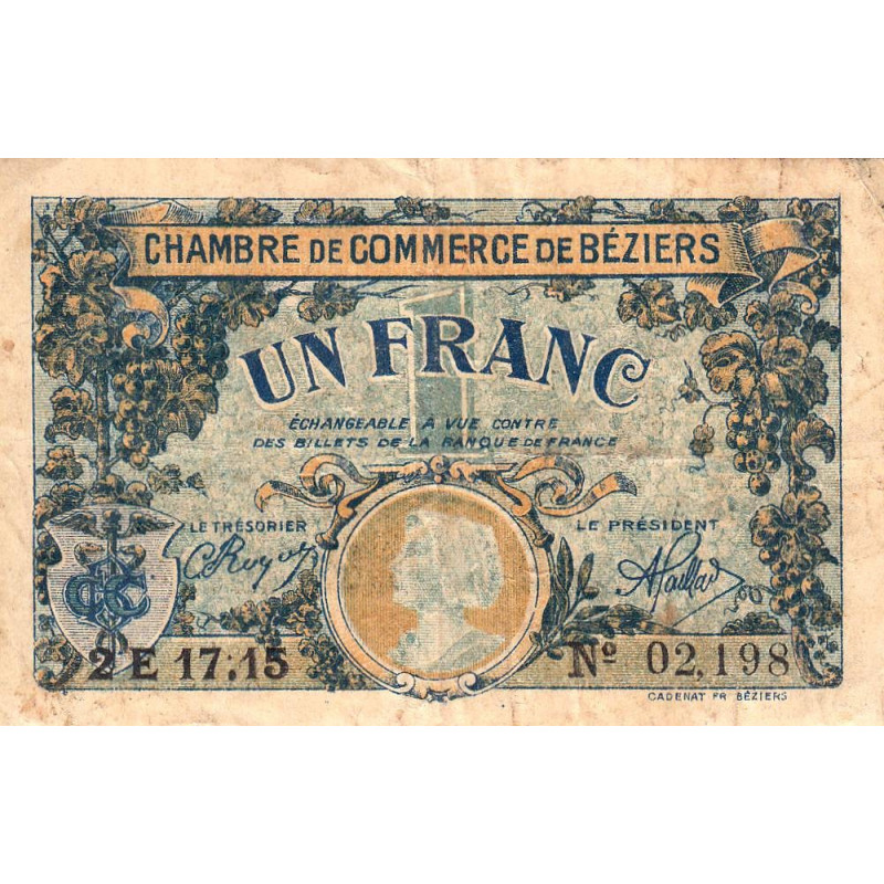 Billet des chambres de commerce Béziers 1 franc