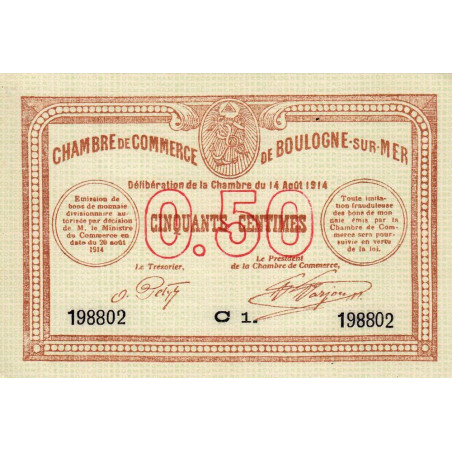 Boulogne-sur-Mer - Pirot 31-11 - Série C1 - 50 centimes - 14/08/1914 - Etat : NEUF