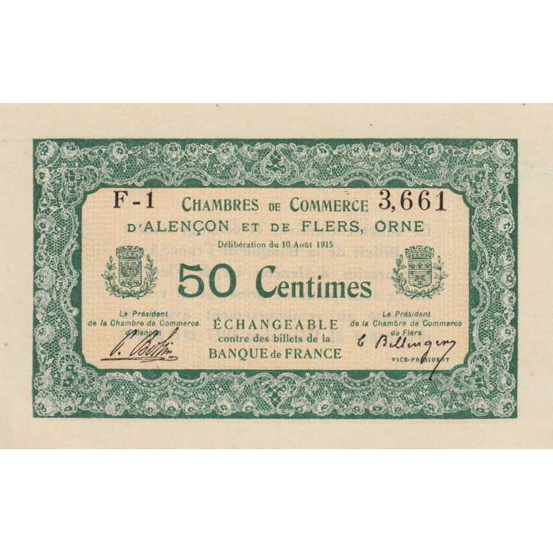 Alençon & Flers (Orne) - Pirot 6-3 - 50 centimes - Série F1 - 10/08/1915 - Etat : SPL