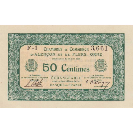 Alençon & Flers (Orne) - Pirot 6-3 - 50 centimes - Série F1 - 10/08/1915 - Etat : SPL