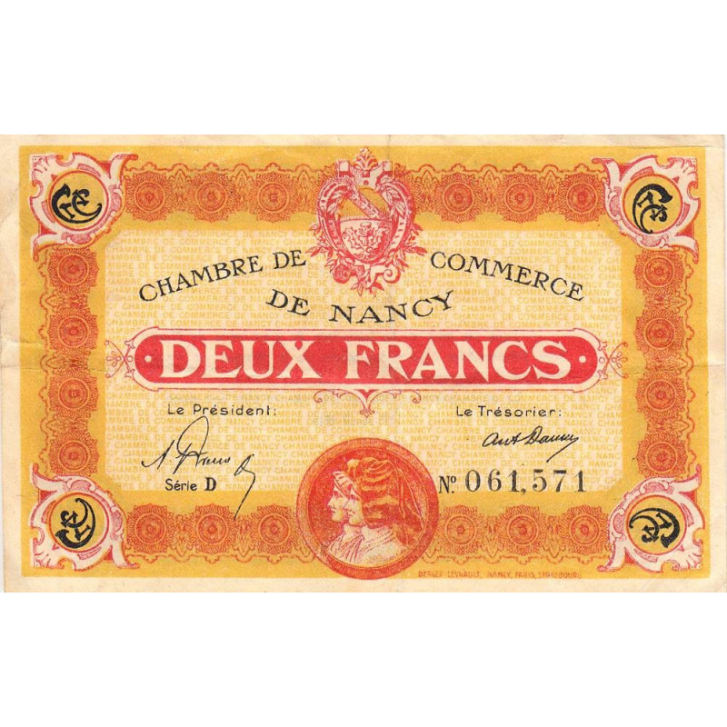 Nancy - Pirot 87-32 - 2 francs - Série D - 01/04/1919 - Etat : TB+