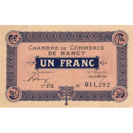 Nancy - Pirot 87-49 - 1 franc - Série 27K - 01/01/1921 - Etat : SUP+