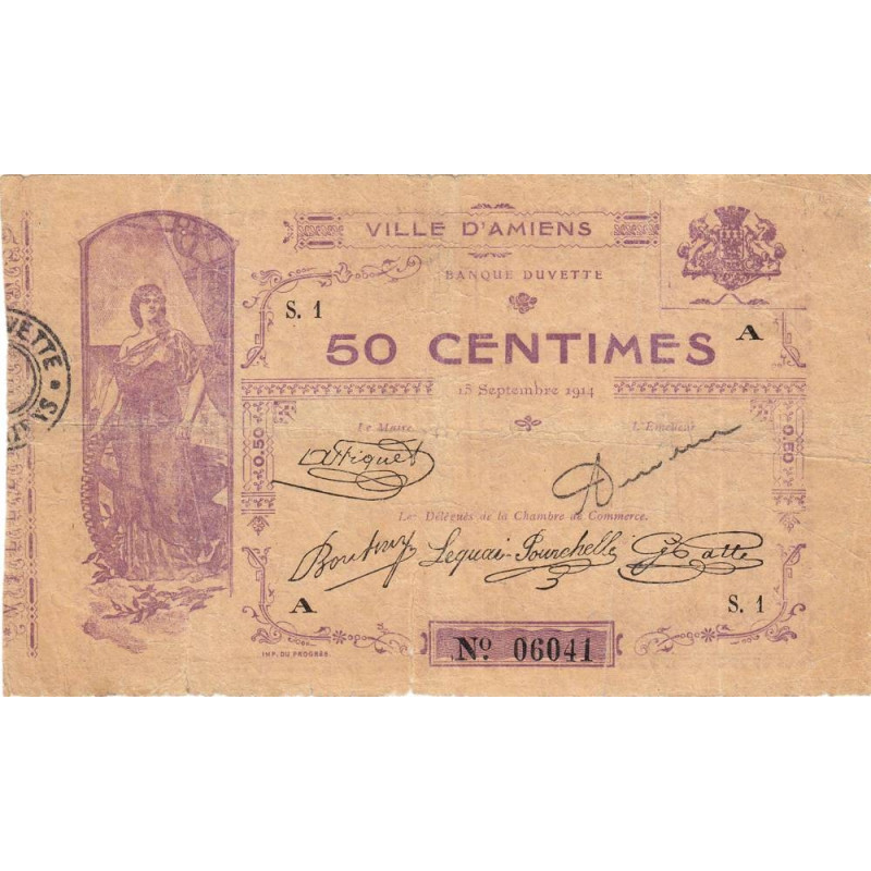 Amiens - Pirot 7-1 - 50 centimes - Série S.1 A - 15/09/1914 - Etat : TB-