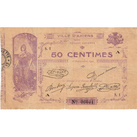 Amiens - Pirot 7-1 - 50 centimes - Série S.1 A - 15/09/1914 - Etat : TB-