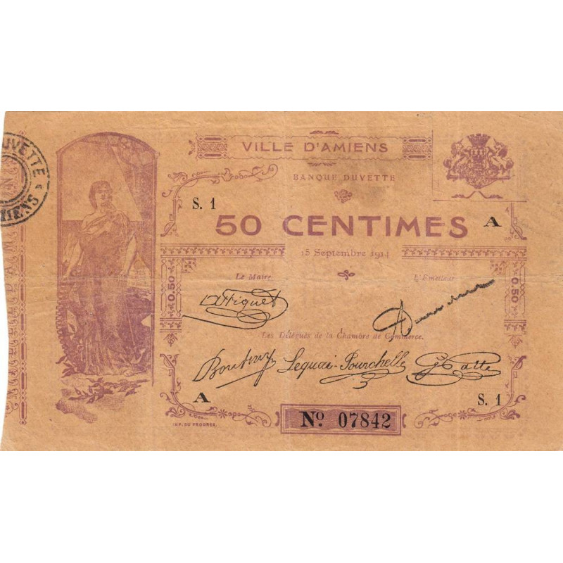 Amiens - Pirot 7-1 - 50 centimes - Série S.1 A - 15/09/1914 - Etat : TB+