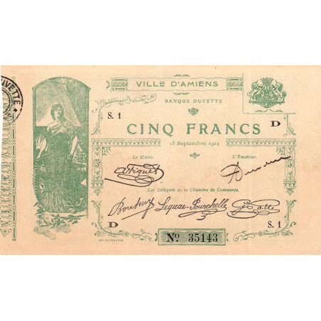 Amiens - Pirot 7-4 - 5 francs - Série S.1 D - 15/09/1914 - Etat : TB+