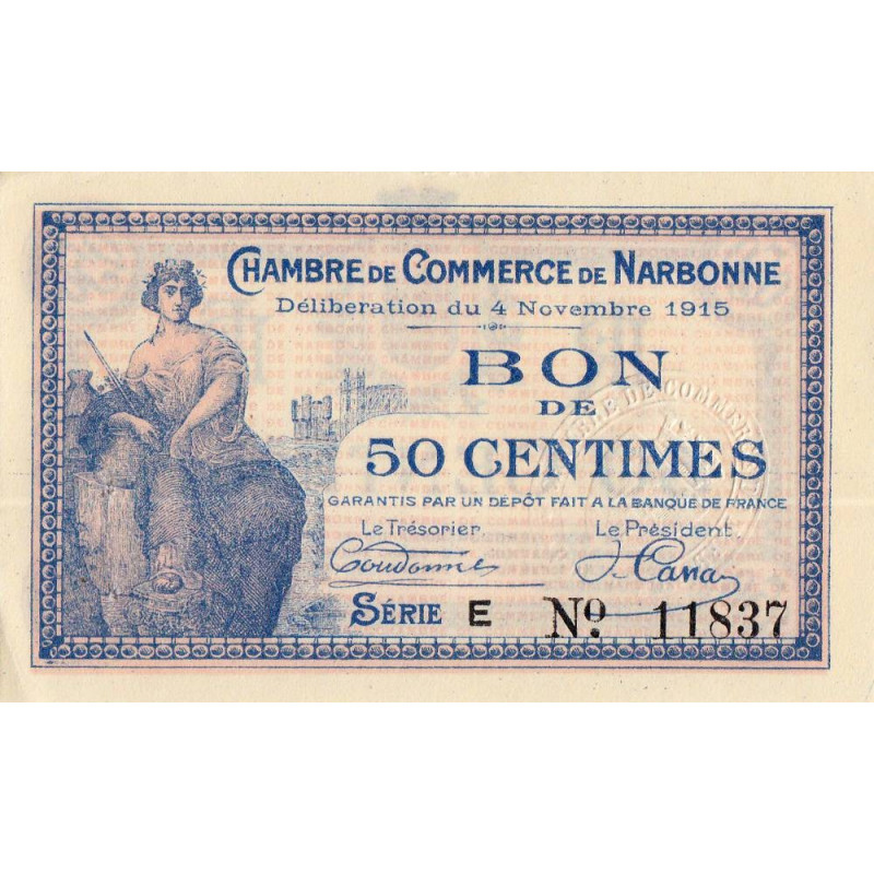 Narbonne - Pirot 89-3 - 50 centimes - Série E - 04/11/1915 - Etat : SUP+