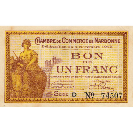 Narbonne - Pirot 89-6 - 1 franc - Série D - 04/11/1915 - Etat : SUP