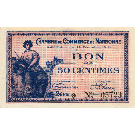 Narbonne - Pirot 89-9 - 50 centimes - Série G - 14/12/1916 - Etat : SPL