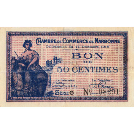 Narbonne - Pirot 89-9 - 50 centimes - Série G - 14/12/1916 - Etat : TTB