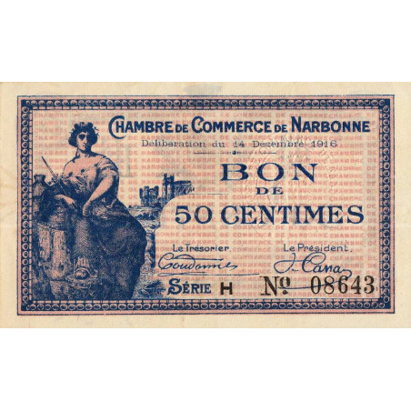 Narbonne - Pirot 89-9 - 50 centimes - Série H - 14/12/1916 - Etat : SUP