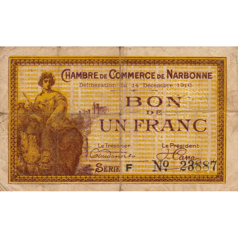 Narbonne - Pirot 89-11 - 1 franc - Série F - 14/12/1916 - Etat : B+