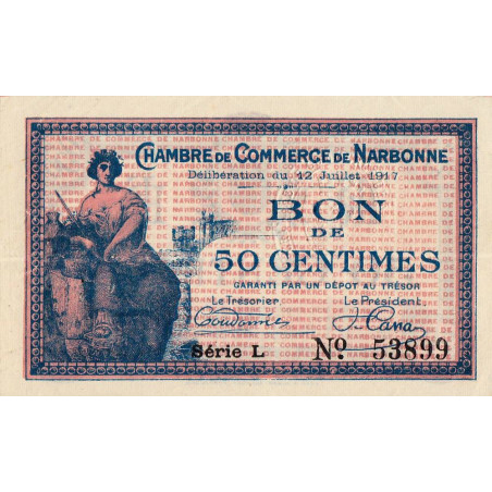 Narbonne - Pirot 89-12 - 50 centimes - Série L - 12/07/1917 - Etat : SUP+