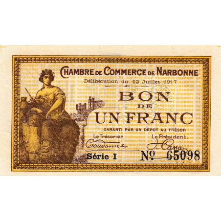 Narbonne - Pirot 89-15 - 1 franc - Série I - 12/07/1917 - Etat : SUP+