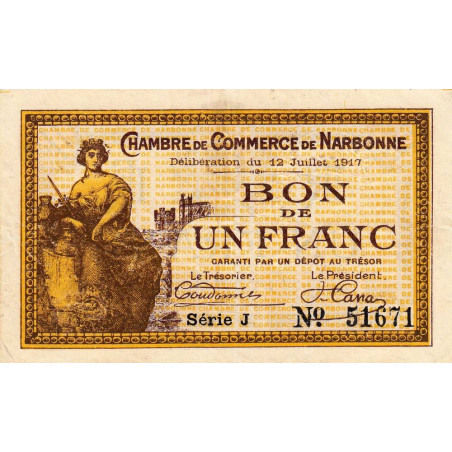 Narbonne - Pirot 89-15 - 1 franc - Série J - 12/07/1917 - Etat : TTB