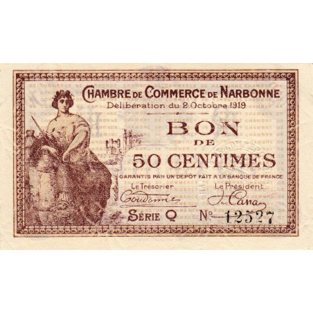 Narbonne - Pirot 89-17 - 50 centimes - Série Q - 02/10/1919 - Etat : SPL