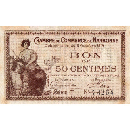 Narbonne - Pirot 89-17 - 50 centimes - Série T - 02/10/1919 - Etat : TB+