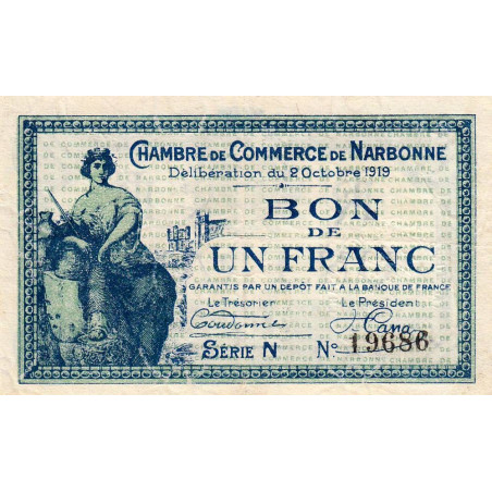 Narbonne - Pirot 89-18 - 1 franc - Série N - 02/10/1919 - Etat : TTB