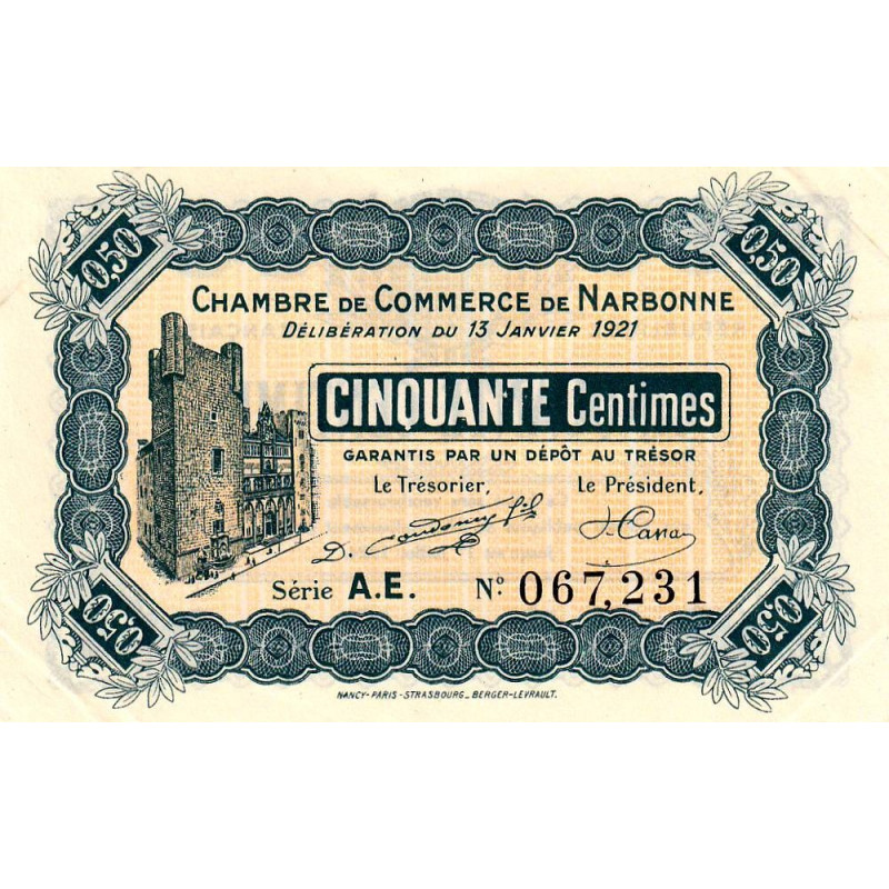 Narbonne - Pirot 89-19 - 50 centimes - Série A.E. - 13/01/1921 - Etat : SUP+