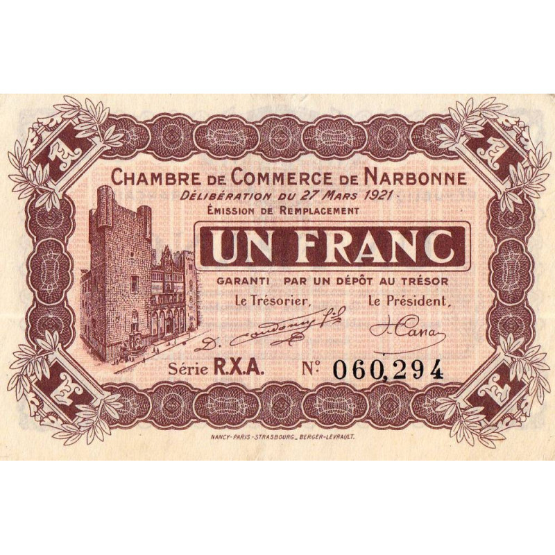 Narbonne - Pirot 89-28 - 1 franc - Série R.X.A. - 27/03/1921 - Etat : SUP