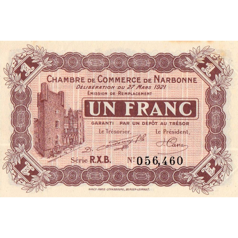 Narbonne - Pirot 89-28 - 1 franc - Série R.X.B. - 27/03/1921 - Etat : SUP