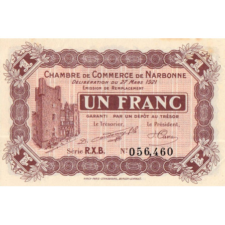 Narbonne - Pirot 89-28 - 1 franc - Série R.X.B. - 27/03/1921 - Etat : SUP