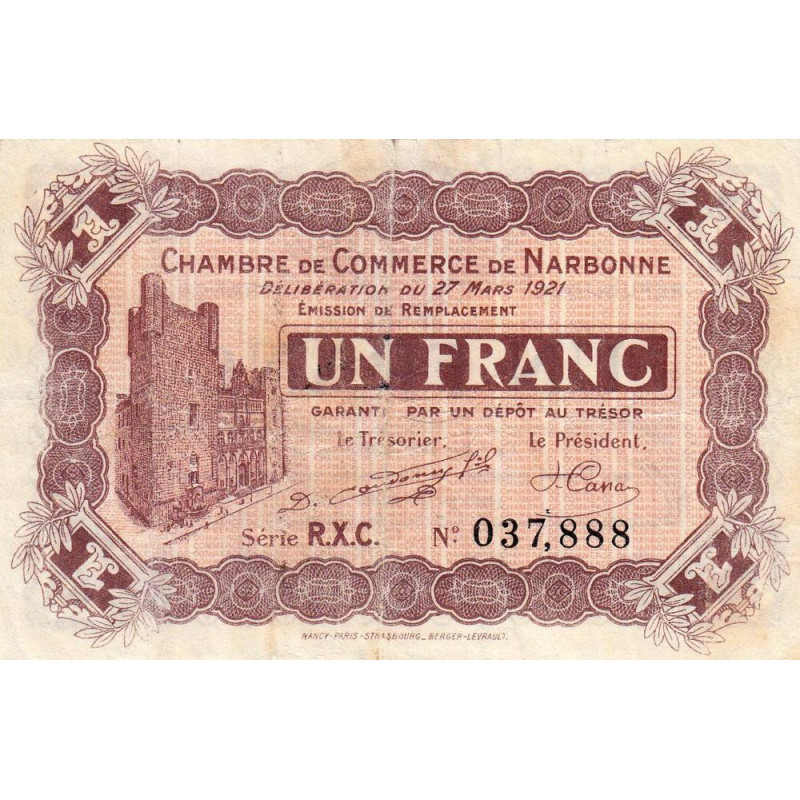 Narbonne - Pirot 89-28 - 1 franc - Série R.X.C. - 27/03/1921 - Etat : TB+