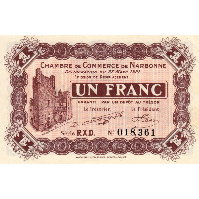 Narbonne - Pirot 89-28 - 1 franc - Série R.X.D. - 27/03/1921 - Etat : SUP