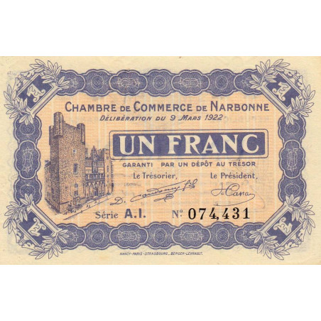 Narbonne - Pirot 89-30 - 1 franc - Série A.I. - 09/03/1922 - Etat : NEUF