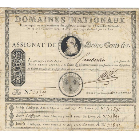 Assignat 01a - 200 livres à endos avec les coupons d'intérêt - Série A - 1789 - Etat : TB