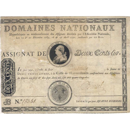 Assignat 01b - 200 livres à endos - Série B - 1789 - Etat : AB