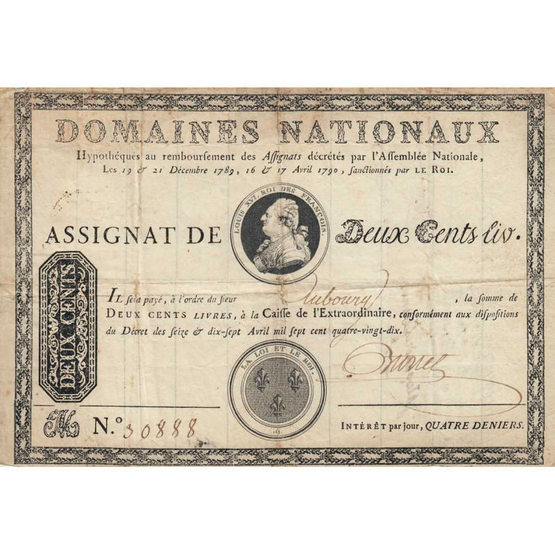 Assignat 01b - 200 livres à endos - Série M - 1789 - Etat : TTB-