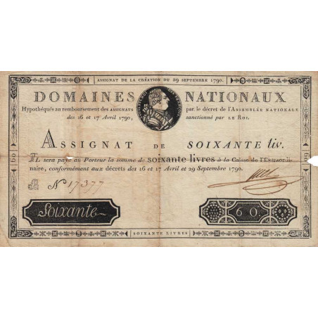 Assignat 05a - 60 livres - 29 septembre 1790 - Série B - Etat : TB-