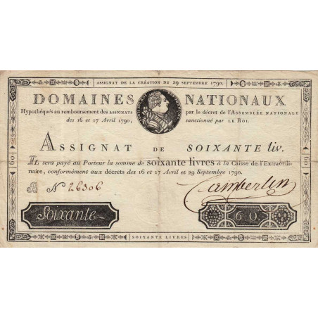 Assignat 05a - 60 livres - 29 septembre 1790 - Série B - Etat : TTB