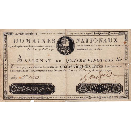 Assignat 08a - 90 livres - 29 septembre 1790 - Série A - Etat : TB