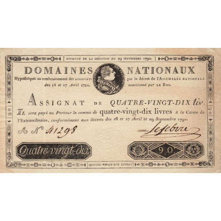 Assignat 08a - 90 livres - 29 septembre 1790 - Série A - Etat : SUP