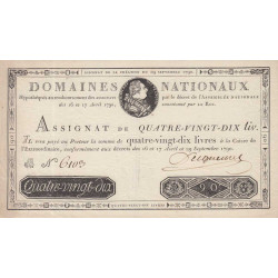 Assignat 08a - 90 livres - 29 septembre 1790 - Série B - Etat : SUP