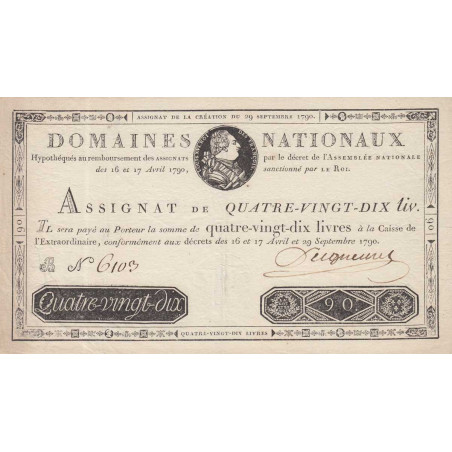 Assignat 08a - 90 livres - 29 septembre 1790 - Série B - Etat : SUP