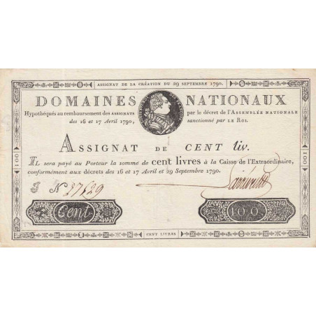 Assignat 09a - 100 livres - 29 septembre 1790 - Série J - Etat : SUP