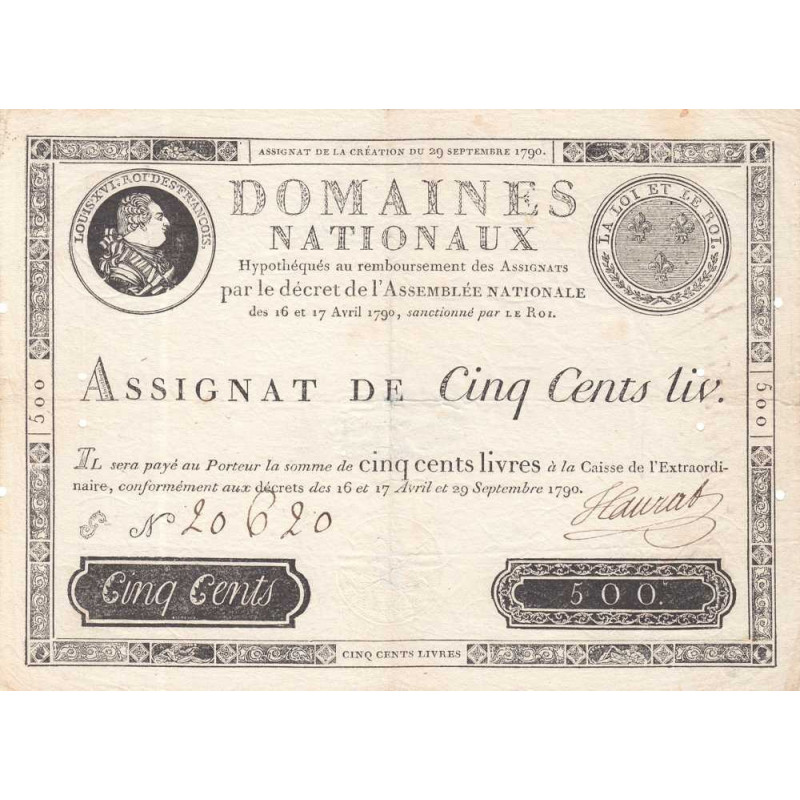 Assignat 10a - 500 livres - 29 septembre 1790 - Série G - Etat : TTB