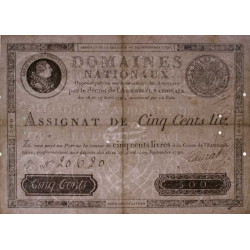 Assignat 10a - 500 livres - 29 septembre 1790 - Série G - Etat : TTB