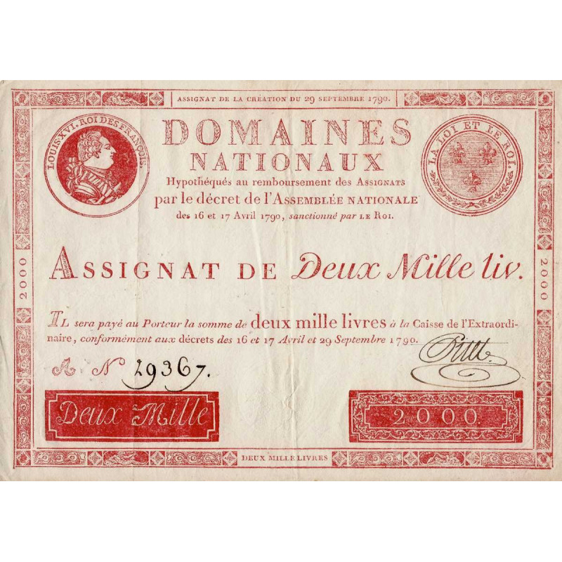 Assignat 11a - 2000 livres - 29 septembre 1790 - Série A - Etat : SUP