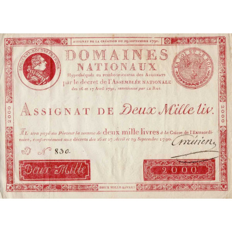 Assignat 11a - 2000 livres - 29 septembre 1790 - Etat : SUP