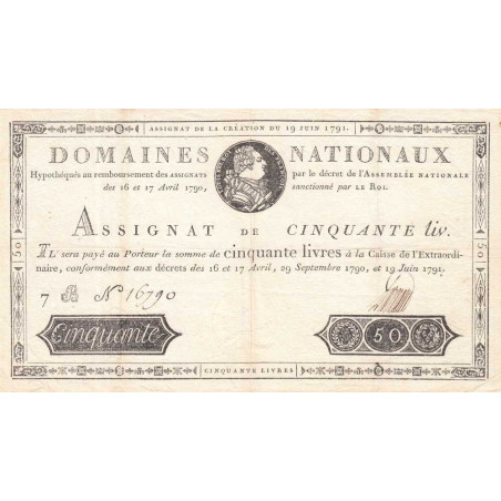 Assignat 13a - 50 livres - 19 juin 1791 - Série 7B - Etat : TTB+