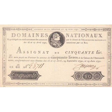 Assignat 13a - 50 livres - 19 juin 1791 - Série 12B - Etat : TTB