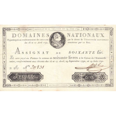 Assignat 14a - 60 livres - 19 juin 1791 - Série 2A - Etat : SUP