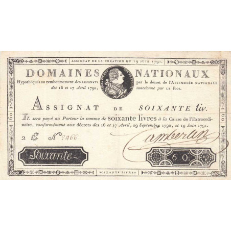 Assignat 14a - 60 livres - 19 juin 1791 - Série 2E - Etat : SUP