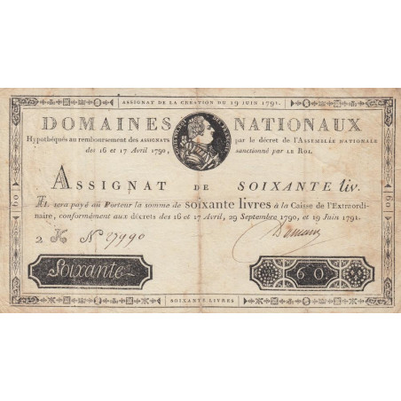 Assignat 14a - 60 livres - 19 juin 1791 - Série 2K - Etat : TB+