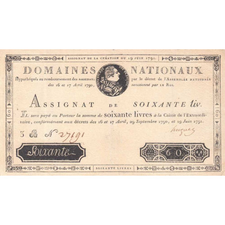 Assignat 14a - 60 livres - 19 juin 1791 - Série 3B - Etat : SUP-