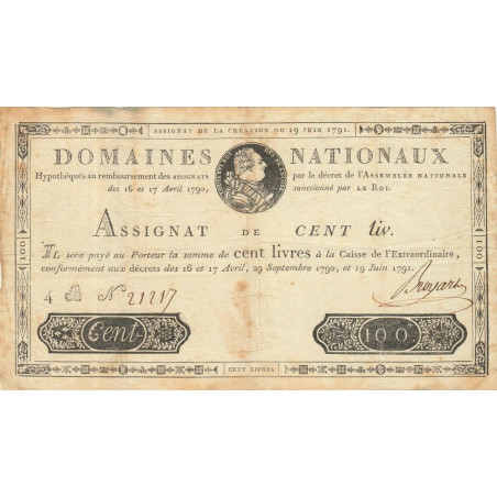 Assignat 15a - 100 livres - 19 juin 1791 - Série 4B - Etat : TTB-